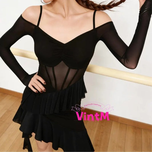 Boned Corset Latin Dance Dress | Built-in Bra Bodysuit Off Shoulder Long Sleeve Practice/Performance