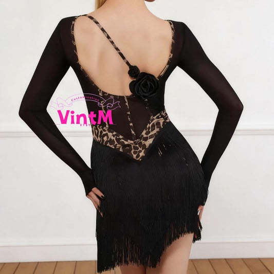 Fringe Latin Dance Dress | Hand Sewn 3D Flowers Built-in Bra & Briefs Long Sleeve Leopard Black Practice Performance