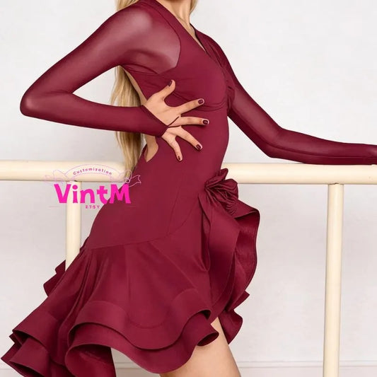 Backless Latin Dance Dress | 3D Rose V-Neck Mesh Long Sleeve Built-in Bra Ruffle Skirt Practice Performance