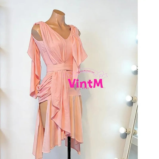 Color Customizable Latin Dance Dress | Draped Open Back Ruffle Skirt Salsa Cha Cha Rumba Performance Costume