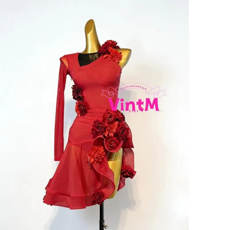 Customizable Red Latin Dance Dress | 3D Floral One-Sleeve Salsa Competition Performance Wear