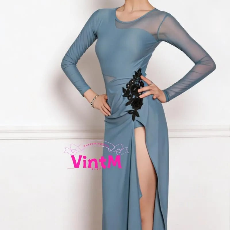 Long Sleeve Mesh Latin Ballroom Dress | Lace Appliqué High Slit Gown for Rumba Cha Cha Daily Practice