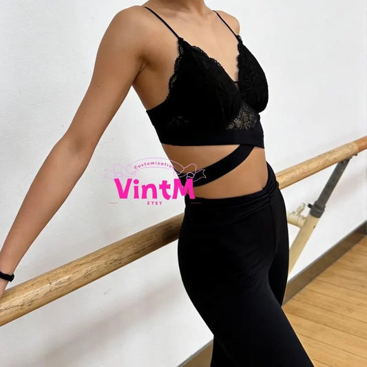 Black Lace Cami Dance Bralette | Cross Strap Waist Latin Dance Underwear Top for Women