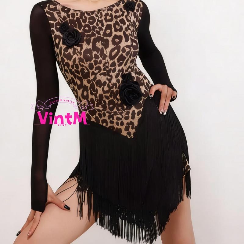 Fringe Latin Dance Dress | Hand Sewn 3D Flowers Built-in Bra & Briefs Long Sleeve Leopard Black Practice Performance