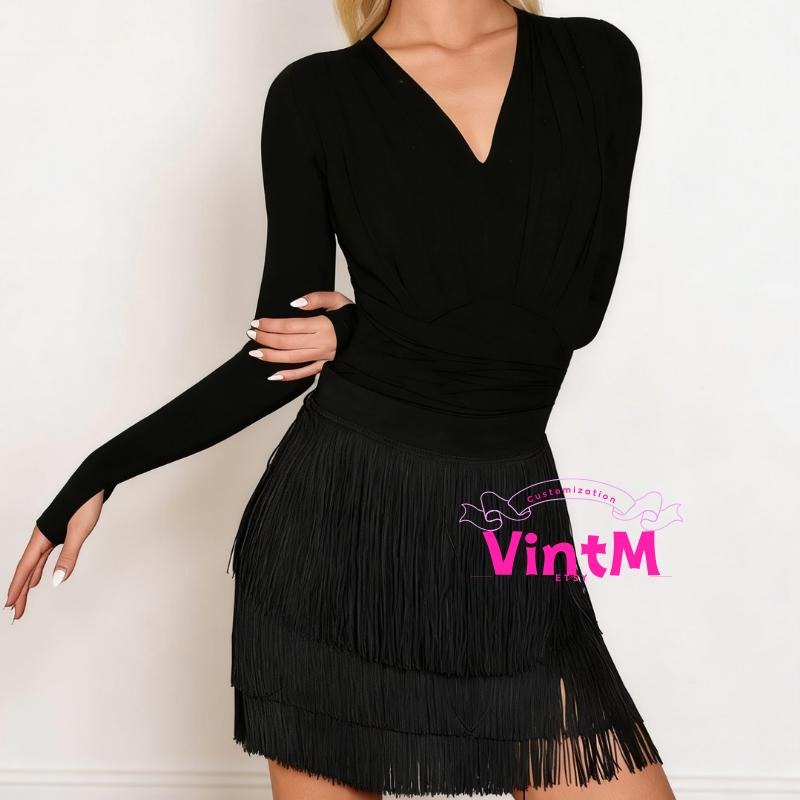 V Neck Latin Dance Bodysuit with Fringe Skirt | Long Sleeve Ruched Waist Cha Cha Rumba Ballroom Costume