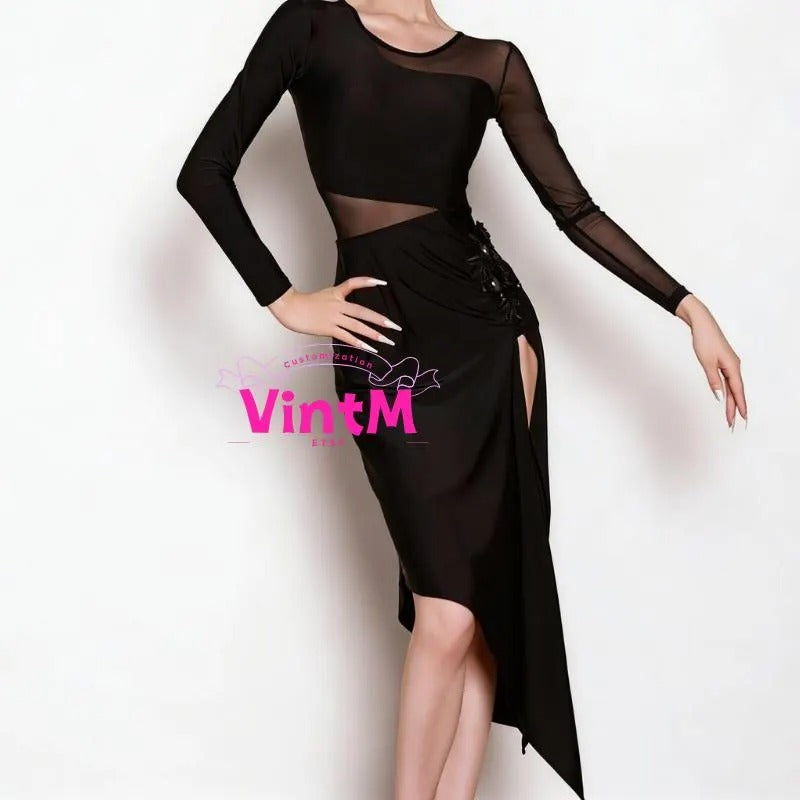 Long Sleeve Mesh Latin Ballroom Dress | Lace Appliqué High Slit Gown for Rumba Cha Cha Daily Practice