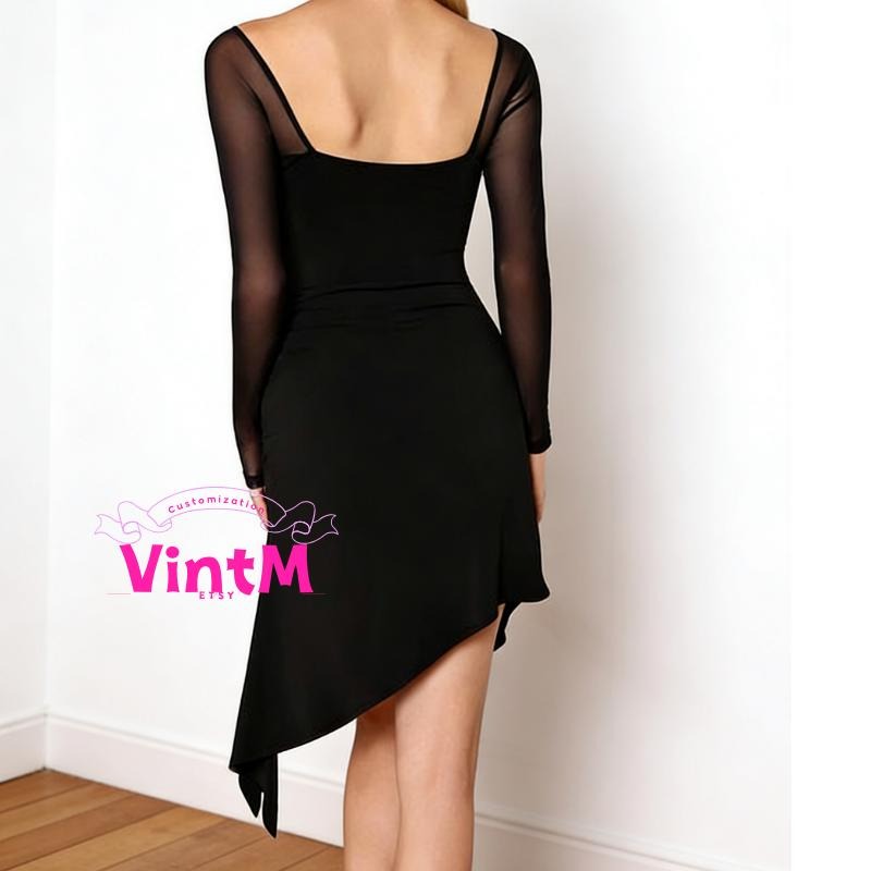 Long Sleeve Mesh Latin Dance Dress | Ruched Slimming Cha Cha Practice Gown