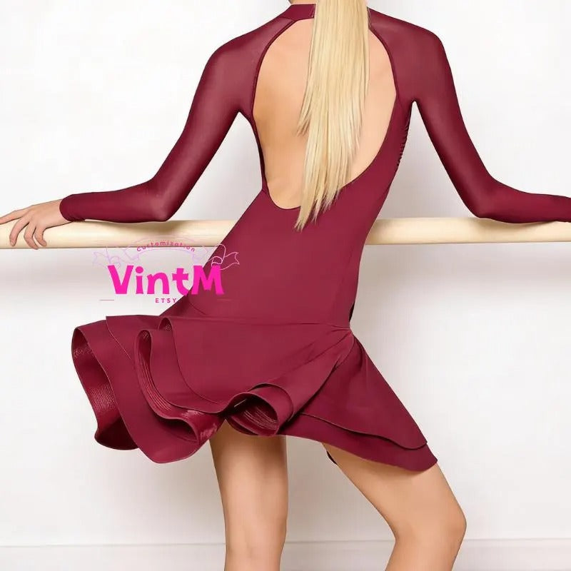 Backless Latin Dance Dress | 3D Rose V-Neck Mesh Long Sleeve Built-in Bra Ruffle Skirt Practice Performance