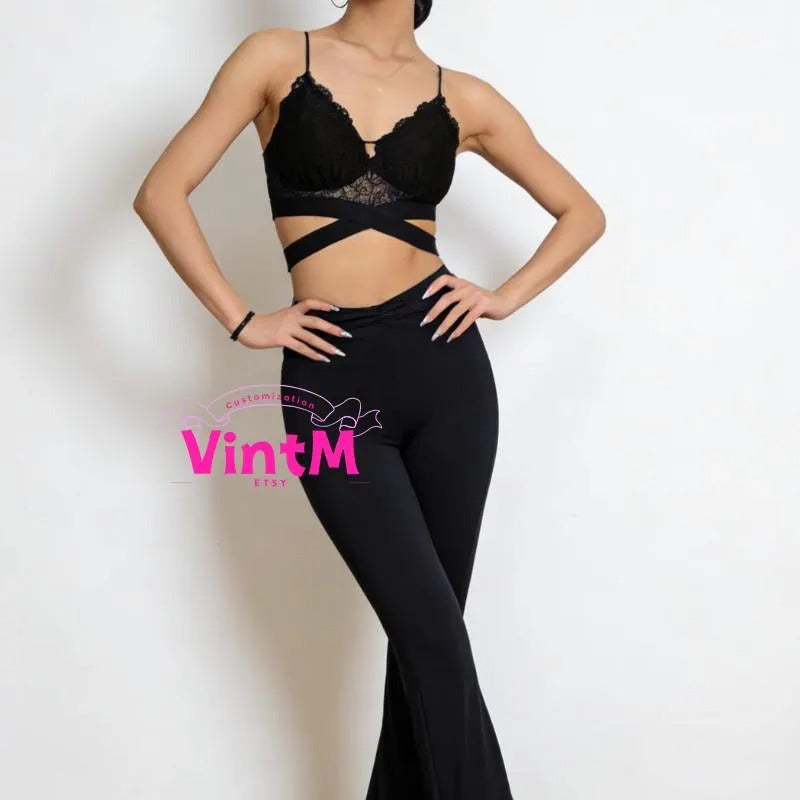 Black Lace Cami Dance Bralette | Cross Strap Waist Latin Dance Underwear Top for Women