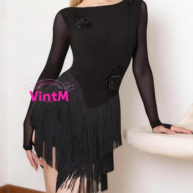 Fringe Latin Dance Dress | Hand Sewn 3D Flowers Built-in Bra & Briefs Long Sleeve Leopard Black Practice Performance