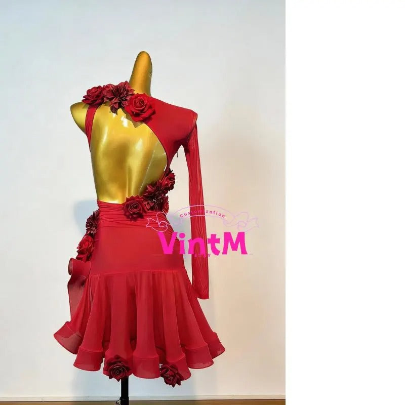 Customizable Red Latin Dance Dress | 3D Floral One-Sleeve Salsa Competition Performance Wear