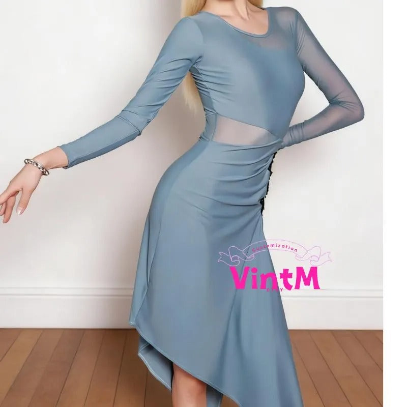 Long Sleeve Mesh Latin Ballroom Dress | Lace Appliqué High Slit Gown for Rumba Cha Cha Daily Practice