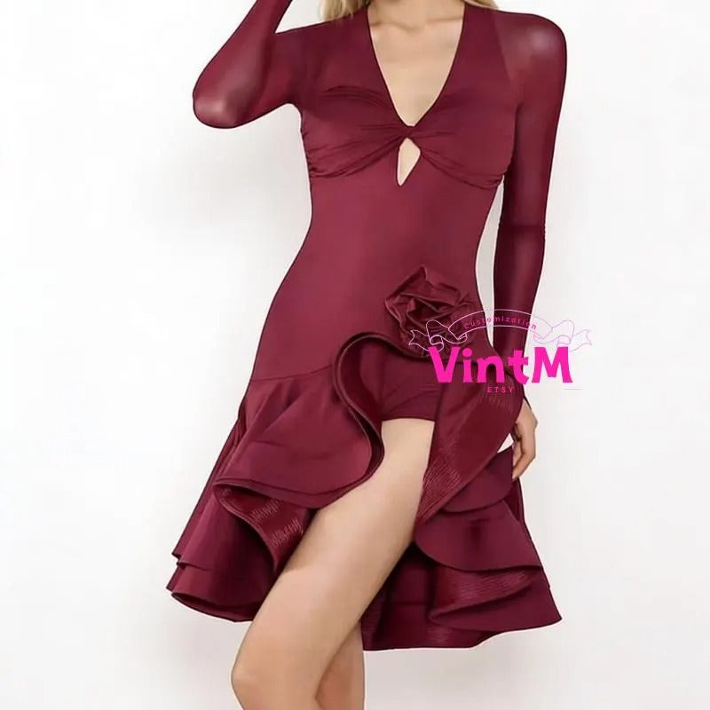 Backless Latin Dance Dress | 3D Rose V-Neck Mesh Long Sleeve Built-in Bra Ruffle Skirt Practice Performance