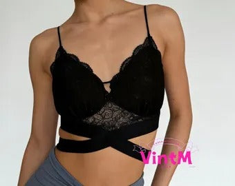 Black Lace Cami Dance Bralette | Cross Strap Waist Latin Dance Underwear Top for Women