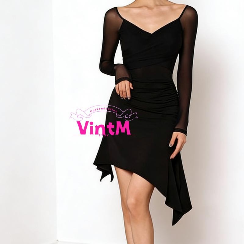Long Sleeve Mesh Latin Dance Dress | Ruched Slimming Cha Cha Practice Gown