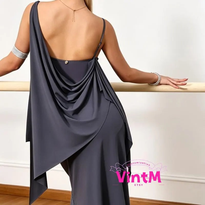 Latin Dance Top for Women | Asymmetrical Draped Sleeveless Dancewear Top/Bottom