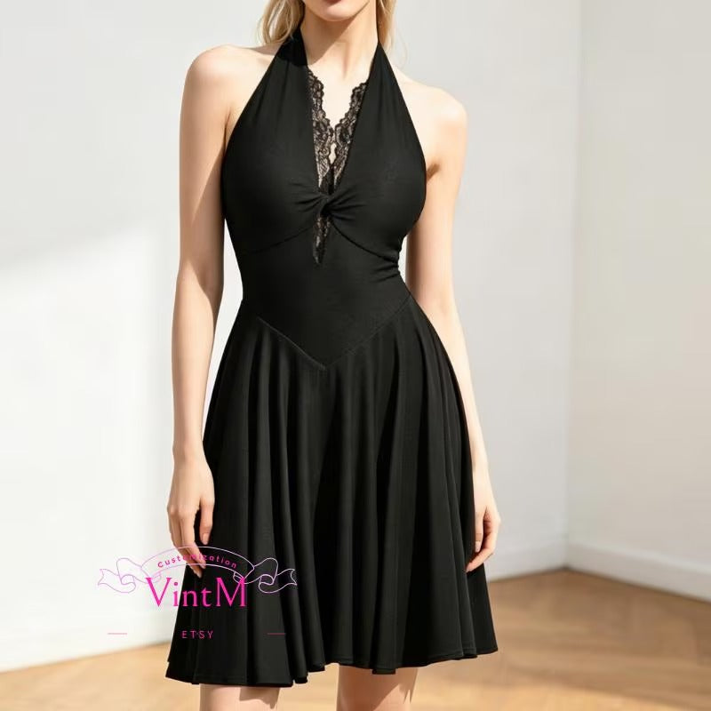 Black Halter Neck Latin Dance Dress | Lace V-Neck Twist Front Ballroom Salsa Tango Performance