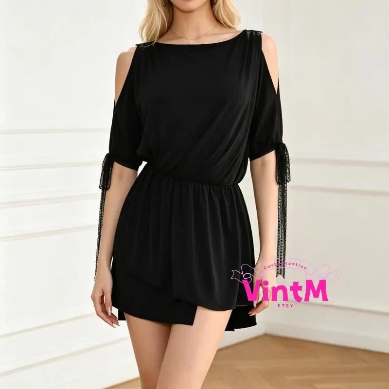 Cold Shoulder Tassel Sleeve Latin Dance Dress | Elastic Waist High-Low Hem Ballroom Practice Costume