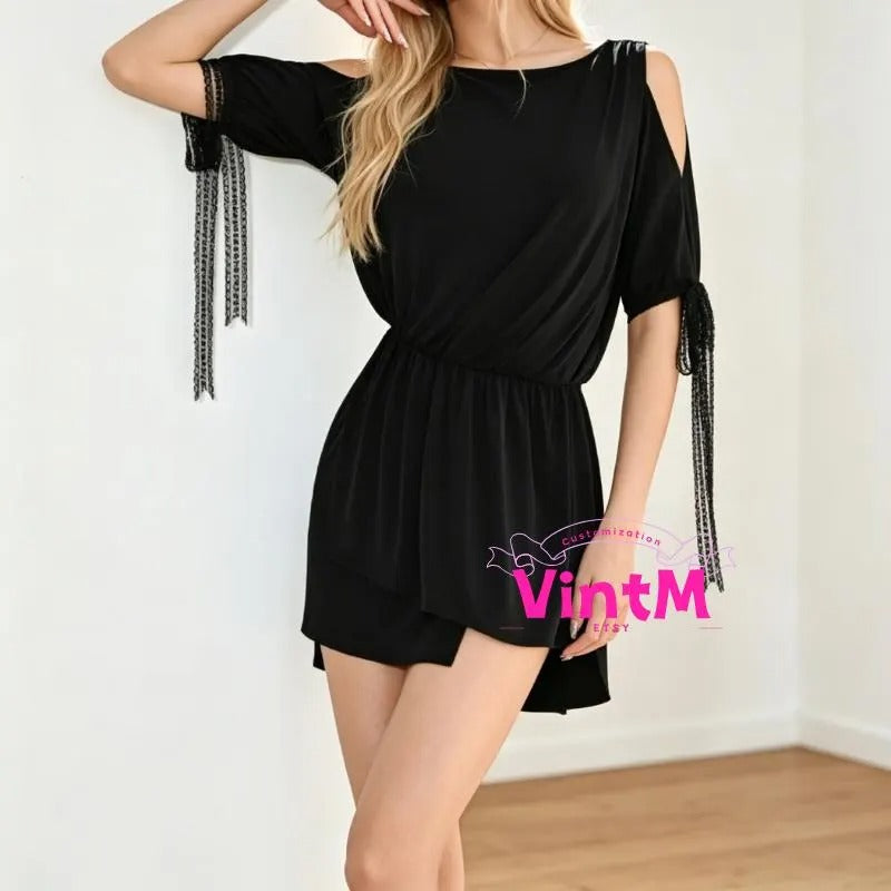 Cold Shoulder Tassel Sleeve Latin Dance Dress | Elastic Waist High-Low Hem Ballroom Practice Costume